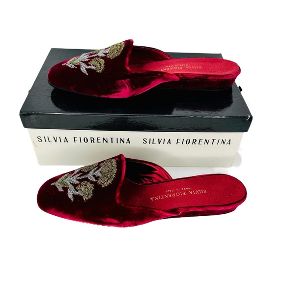 Silvia Fiorentina red (Bordeaux) color velvet slippers with crest size 8